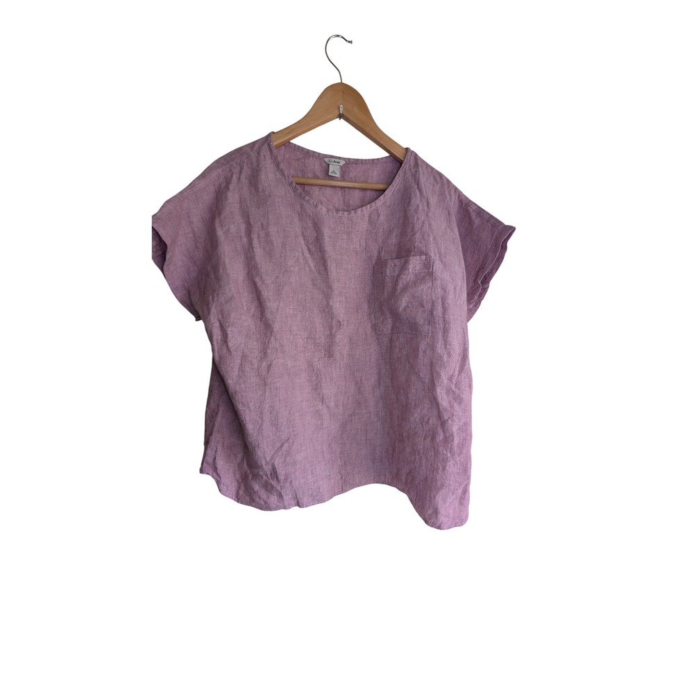 LL Bean Womens 100% Linen Short Sleeve Pocket Top Pink 516786 Large